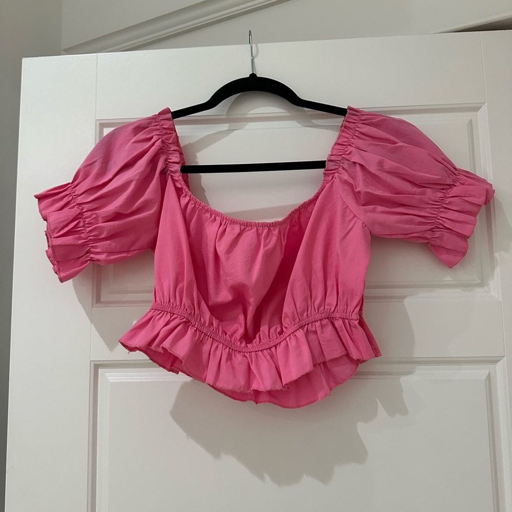 Pink Puff Sleeve Crop Top with Ruched Ruffled Details